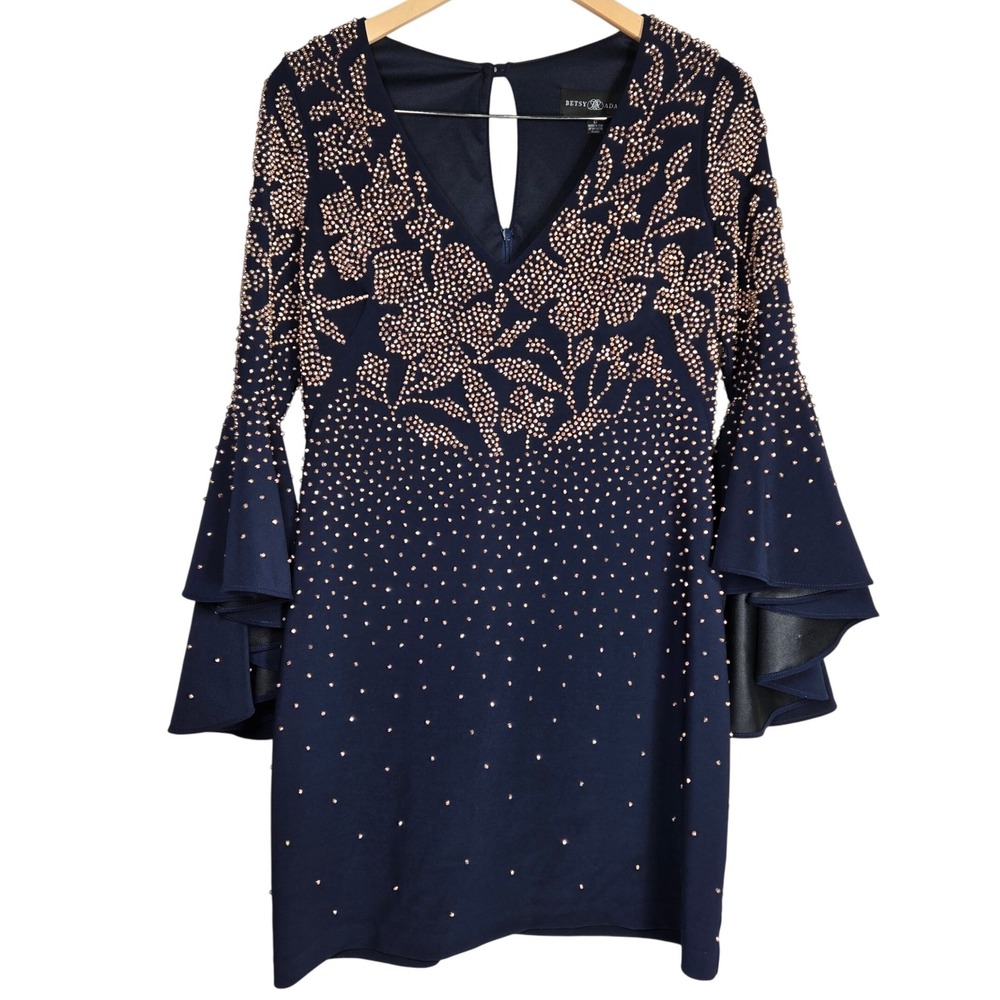 Betsy & Adam Navy Beaded Bell Sleeve V Neck Mini Cocktail Dress Size 8 NWT